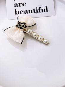 1 件优雅法式复古山茶花和珍珠装饰织物蝴蝶结点缀发夹、侧刘海发夹配件 - 彩色 - 查看 3