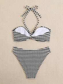 Plus Size Summer Black & White Stripe Halter Tankini Swimwear Set - Black and White - View 2