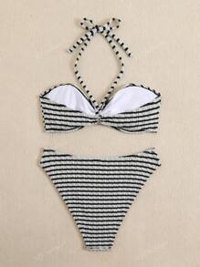 Plus Size Summer Black & White Stripe Halter Tankini Swimwear Set