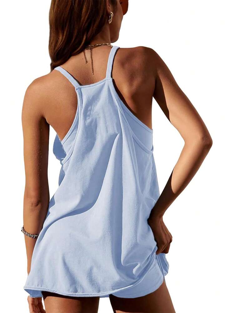 Women Athletic Mini Dresses Built-In Shorts Set Summer Sleeveless Sundress Hot Shot Mini Dress - Baby Blue - View 2