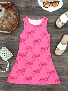 Seven Princess Young Girls Pink Bowknot 3D Digital Print Sleeveless Crew Neck Casual Dress, Suitable For Party, Beach, Sports, Outdoor Wear In Summer - Hot Pink - View 6