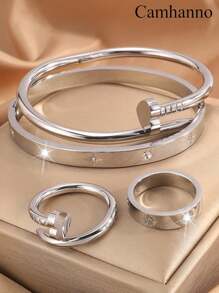 Camhanno 4 Pieces Of Exquisite, Gorgeous And Elegant, Atmospheric And Fashionable Stainless Steel Love Nail + Bracelet + Ring Set Is Suitable For Daily Wear, Holiday Girlfriends - Silver - View 15