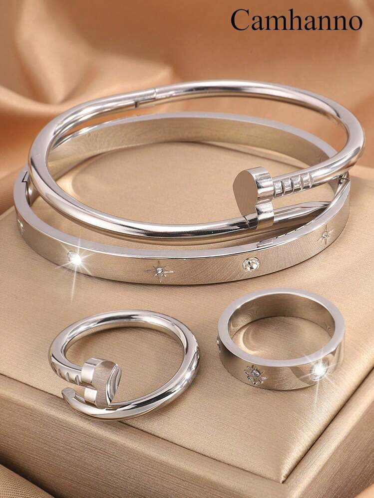Camhanno Juego de 4 piezas exquisito, precioso y elegante, atmosférico y de moda, de acero inoxidable con clavo de amor + pulsera + anillo, adecuado para uso diario, vacaciones y regalos para novias - Plateado - Añade 15