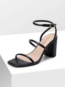 Women Chunky High Heeled Sandals Square Open Toe Rhinestone Decor Strappy Ankle Strap High Heeled Sandals For Wedding Party Valentine's Day - Black - View 1