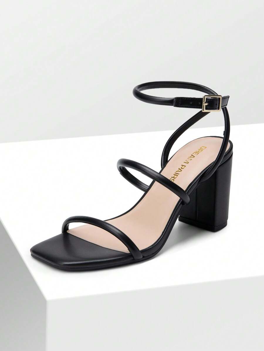 Women Chunky High Heeled Sandals Square Open Toe Rhinestone Decor Strappy Ankle Strap High Heeled Sandals For Wedding Party Valentine's Day - Black - View 1