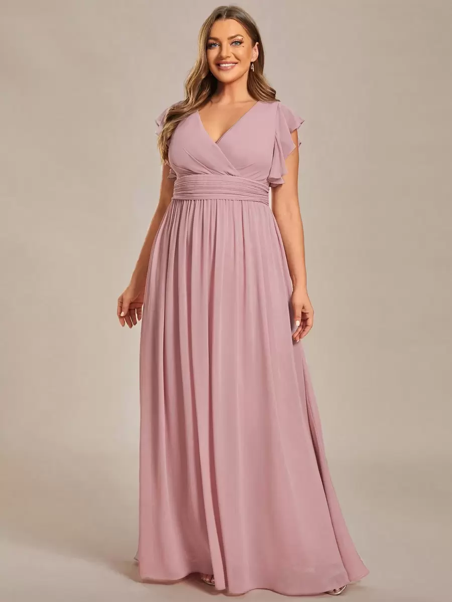 Plus Size V-Neck Solid Color Backless High Waist Ruched Pink Bridesmaid Dress, Suitable For Wedding And Autumn Wedding Guests