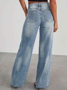 Women's Mid - Waist Loose Fit Denim Jeans With Button And Pockets - Casual Wide - Leg Trousers For Women-Fall Clothes For Women - 淺色水洗藍 - 查看 2