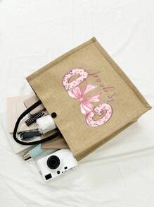 Khaki Tote Bag Two Pieces Set, Along With A Small Makeup Bag, "God" Letter Bow Zipper Women's Makeup Bag - Khaki - View 6