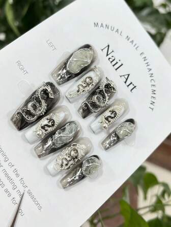 10 件手工奢华龙鳞指甲贴，黑色可拆卸长龙高端指甲装饰按压指甲美甲用品指甲