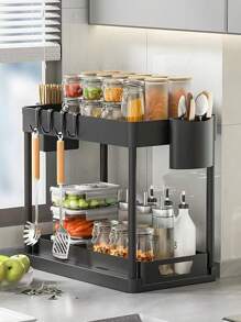 1 pieza Organizador de fregadero, Estantería de almacenamiento de 2 pisos, Almacenamiento de cocina, Organizador y almacenamiento de fregadero, Accesorios para el cuarto de almacenamiento de alimentos, Cajón deslizante inferior, Cesta de almacenamiento con estilo de cajón, Estantería para especias de cocina, Accesorios de cocina, Decoración del hogar, Día de la Madre, Regalo para mi madre - Negro - Ver 4