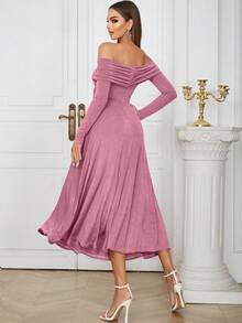 极简性感露肩褶饰长袖修身连衣裙 - 淺粉色 - 查看 2