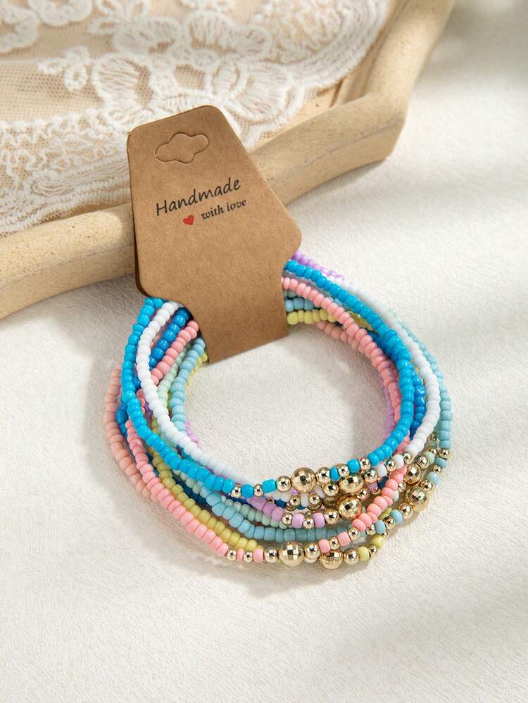 Bộ 10 vòng tay đàn hồi hạt CCB phong cách Boho & hạt gạo nhiều màu, phù hợp cho phụ nữ mặc đi nghỉ dưỡng/bãi biển - Nhiều màu - Xem 2