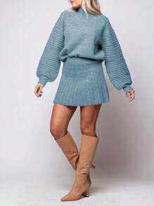 Womens 2 Piece Outfits Long Sleeve Mock Neck Ribbed Sweater And Mini Skirt Set 2025 - Blue - View 2