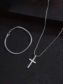 男士不锈钢项链和蛇骨手链 2 件套，个性化简约日常佩戴 - 銀色 - 查看 3