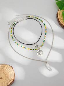 3pcs/Set Vintage Bohemian & Hippie Style Asymmetrical Crystal Pendant & Bead Necklace, Women Daily & Vacation Decorative Jewelry Set (Crystal Shape & Size May Vary)