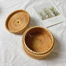 1pc 5.5*3.1 Inch Wicker Rattan Braided Round Storage Box For Snacks, Cosmetics, Jewelry, Dried Fruits, Desk Organizer