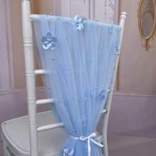 1 件珍珠蓝花卉桌旗，透明薄纱桌旗装饰，适合生日派对、情人节、宴会 - 藍色 - 查看 5