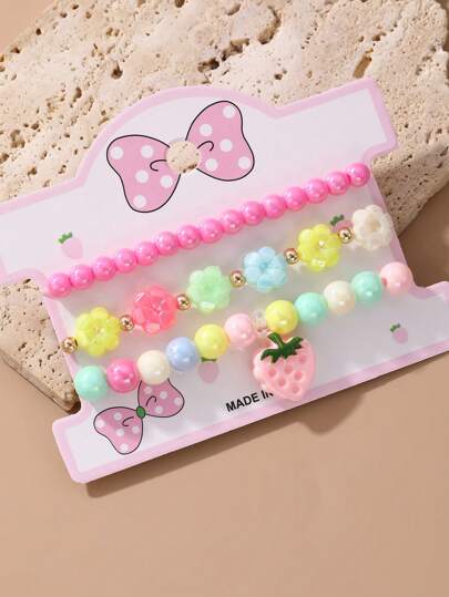 3pcs/Set Girls' Colorful Beaded Butterfly & Strawberry Charm Bracelets
