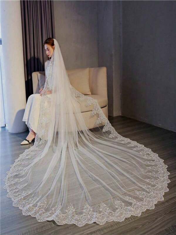 Novo véu longo cauda grande requintado lantejoulas renda apliques cabelo amarrado casamento véu de noiva