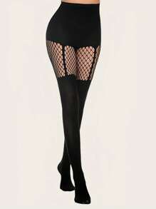 1 Pair Women Black Fishnet Pantyhose, Sexy Hollow Out Stockings Decorate Slim Legs