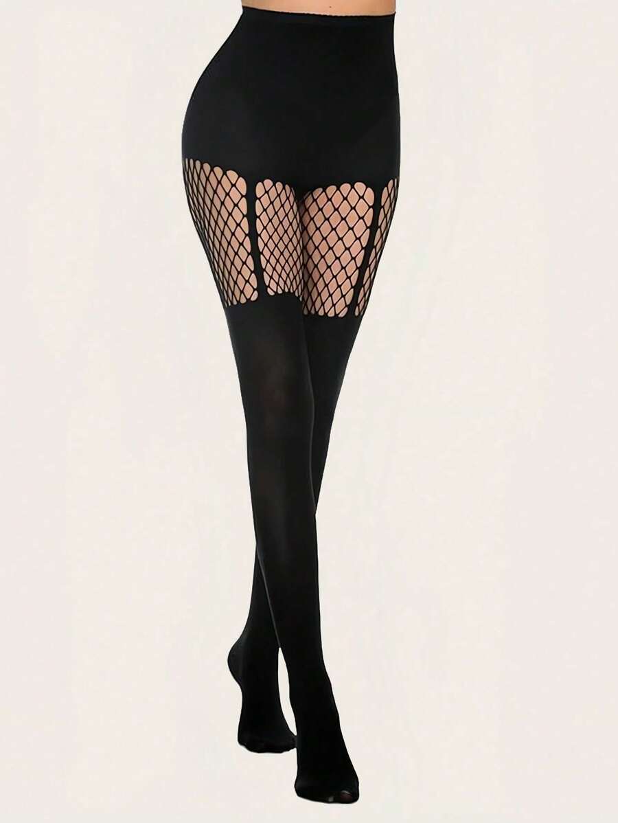 1 Pair Women Black Fishnet Pantyhose, Sexy Hollow Out Stockings Decorate Slim Legs