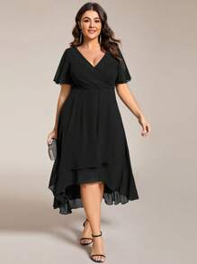 Plus Size Women Chiffon Ruffle Hem Solid Color Elegant High-Low Hem Bridesmaid Dress - Black - View 5