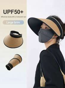 Sombrero de sol 2025 nuevo de plástico negro hueco con protección UV para el rostro, sombrero de paja trenzada para el verano