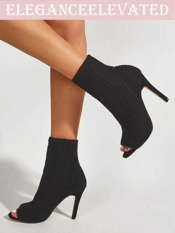 Modische Damen Schlüpf-Stiefelette in Schwarz für Herbst/Winter, minimalistisch & vielseitig, sexy & stilvoller Streetstyle Party-Tragen, Strick-Knöchel mit Aussparungen, super hohe Absätze, Peep-Zehen, Stiefel für Damen