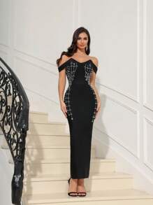 Love Aing 女士闪亮露肩开衩性感名人派对礼服、婚礼宾客礼服、优雅修身紧身鸡尾酒会礼服 - 黑色 - 查看 4