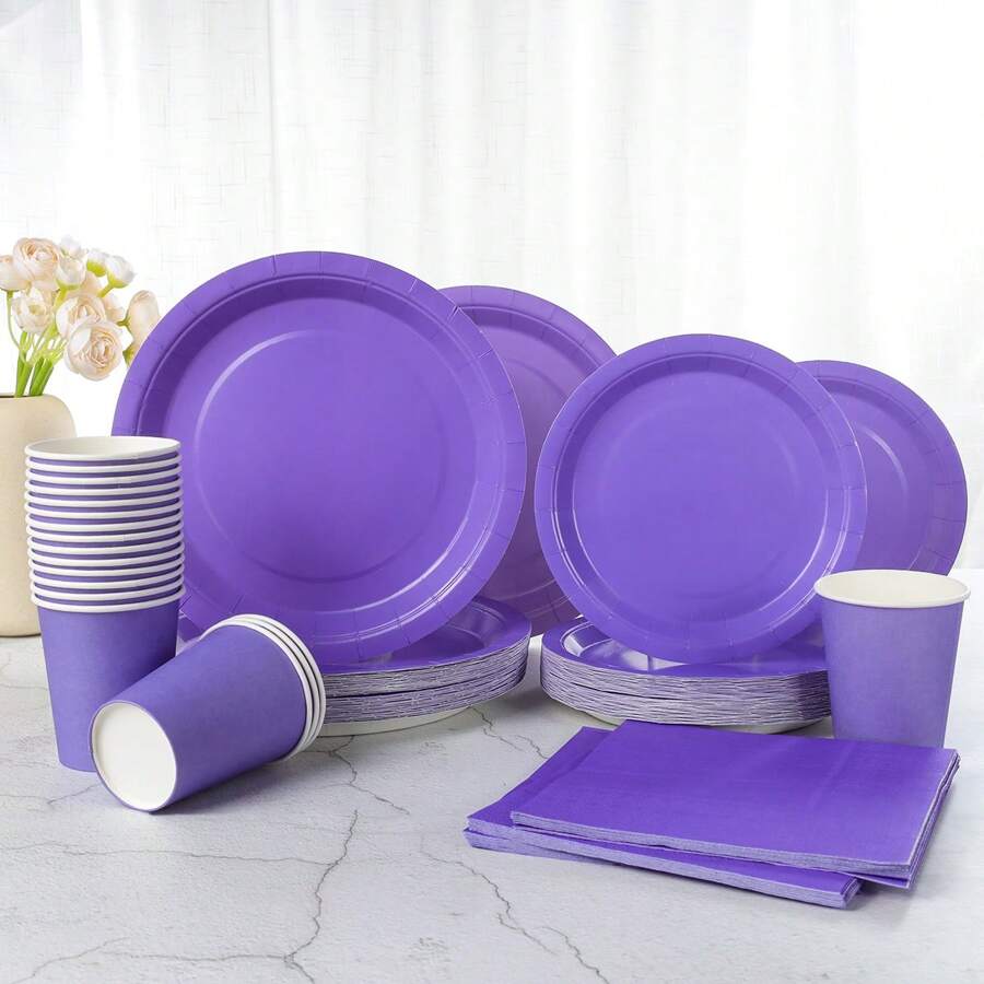 Assiettes, serviettes, gobelets jetables violets, fournitures de fête adaptées pour 24 invités, vaisselle jetable de fête convenant pour anniversaire, mariage, fête, pique-nique familial