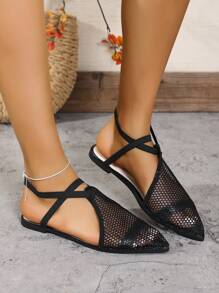 Fall/Winter New Ladies Black Breathable Fishnet Back Strap Flats, Lightweight, Hollow, Comfortably Breathable Pointed Toe Flat Shoes - Black - View 4