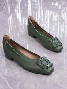 Zapatos casuales de verano para mujer, tipo slip-on, de punta cuadrada y planos con detalles metálicos - Verde - Ver 2