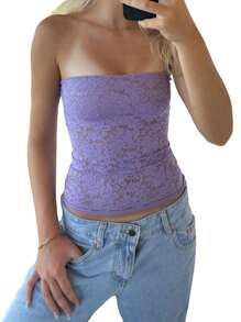 Women's Floral Lace See-Through Tube Top - Off-Shoulder Sleeveless Crop Top, Summer Streetwear Beachwear - Purple - View 1