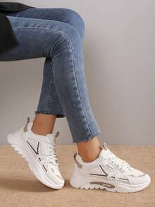 أحذية رياضية كاجوال بربطة دانتيل، أحذية رياضية سميكة نعل لين، أحذية جري خفيفة الوزن مانعة للانزلاق - بيج - مشاهدة 5