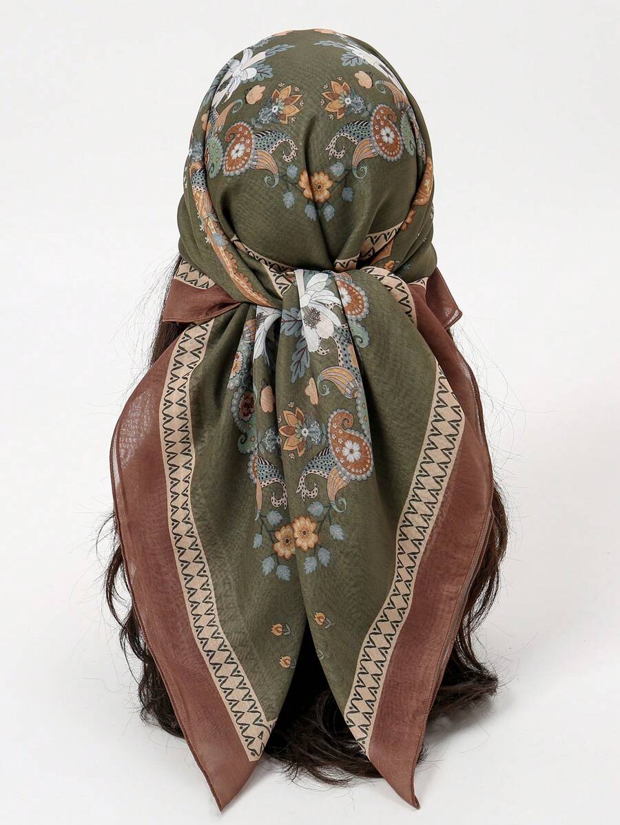1条90*90厘米女士佩斯利花纹印花围巾，可作户外头巾、颈巾、优雅头饰、发带、发饰，是秋冬季提升造型的理想之选，适合沙特阿拉伯国庆日等绿色主题场合。 - 綠色 - 查看 1
