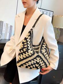 Geantă de umăr boemă din paie pentru femei, geantă tote de plajă de designer vintage, potrivită pentru vacanță, muncă, utilizare zilnică, stil de vară, perfectă pentru ieșirile ocazionale și excursiile pe plajă