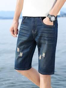 Pantalones cortos vaqueros para hombre descoloridos, desgastados y deshilachados - Azul - Ver 4