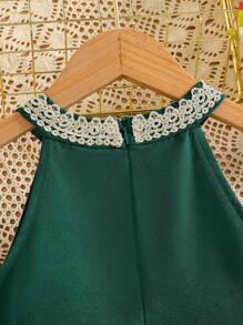 Vestido de niña elegante con aplicación de encaje floral, hombros descubiertos y cierre de cremallera en la espalda, adecuado para salidas, picnics, vacaciones, fiestas, primavera/verano