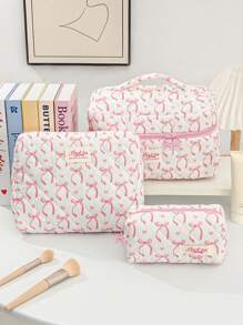 1 Piece Bow&Love Makeup Bag Fashionable Floral Makeup Organizer Set For Home Decor Quilted Rose Design Cosmetic Bag For University Student ,Girl Teenagers,White Collar,Pink Pouch Bag With Bow Zipper Travelling Stuff Storage Bag For Holiday - Multicolor - View 6