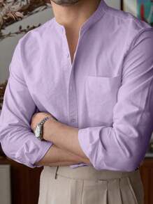 男士商务休闲立领衬衫，简约时尚日常穿搭，秋季长袖上衣 - 紫色 - 查看 4