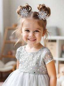 2 件花朵发夹，蕾丝仿珍珠发夹，纯色发饰，适合幼儿儿童派对礼物 - 髮夾 - 查看 3