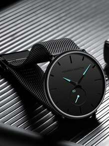 1 件 HANNAH 时尚黑色不锈钢网状表带防水男士手表，中心小秒针商务石英男士手表，适合日常商务会议和派对场合 - 黑色 - 查看 4