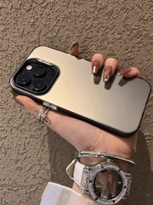 Apple 1pc Frosted Imd Material Metallic Double Layer Silver-Plated Button Mobile Phone Case Compatible With Apple 17,17 Pro,17 Air 17 Pro Max - Black - View 2