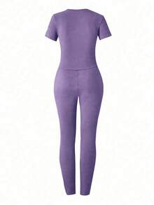修身短袖高腰紧身休闲运动服 - 紫色 - 查看 2