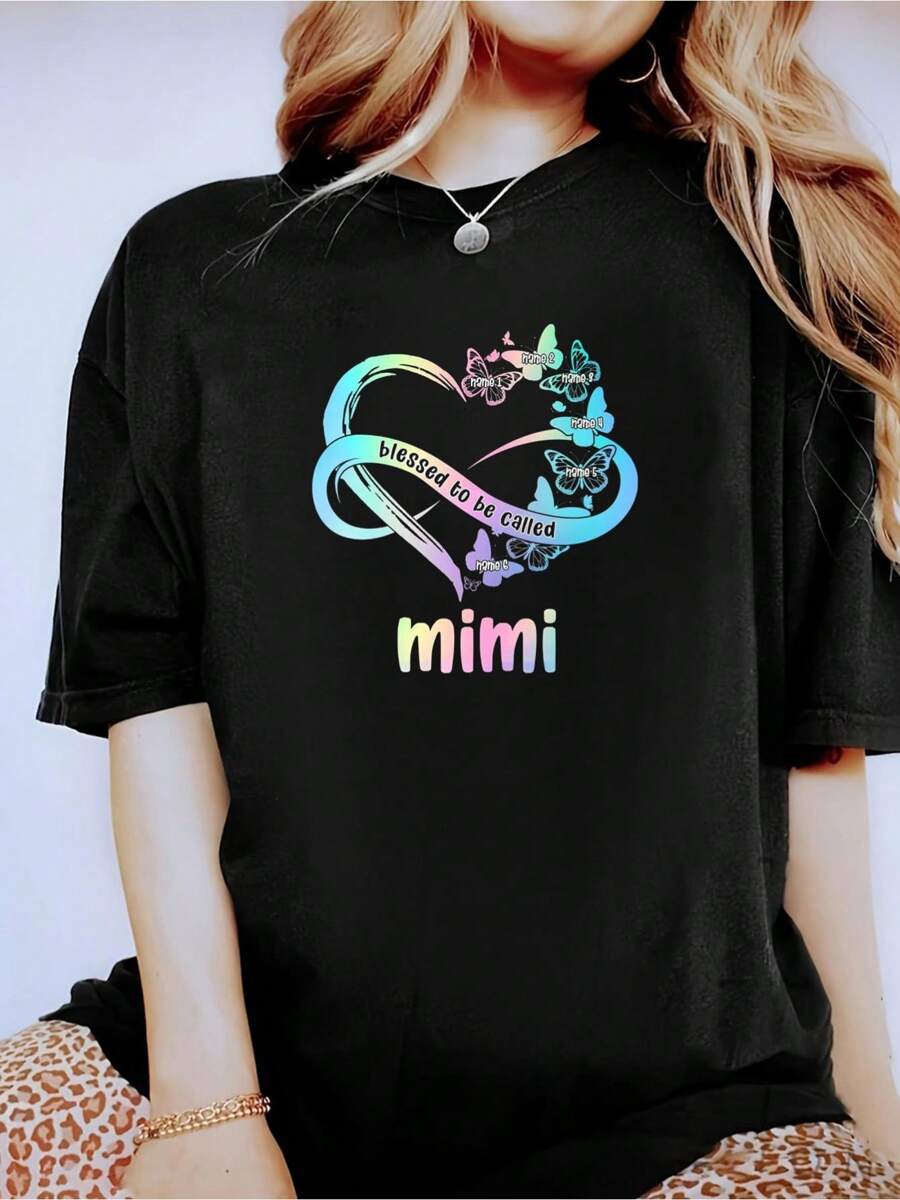 Personalized Grandchildren Grandma Butterfly Heart Shirt, Custom Kids Name, Gifts For Mom Mother Nana Shirts, Mother's Day Shirt- Short Sleeve, Casual, Breathable, Comfortable, Summer & Spring Essential - Women's Clothing Printed Graphic Tee For  T-Shirt Lovers