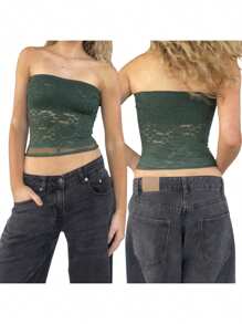 Women's Floral Lace See-Through Tube Top - Off-Shoulder Sleeveless Crop Top, Summer Streetwear Beachwear - xanh quân đội - Xem 2