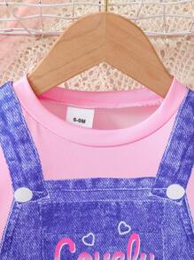 Baby Girl Unicorn Print Patchwork Denim Effect Sleeveless Round Neck A-Line Dress - Pink - View 3