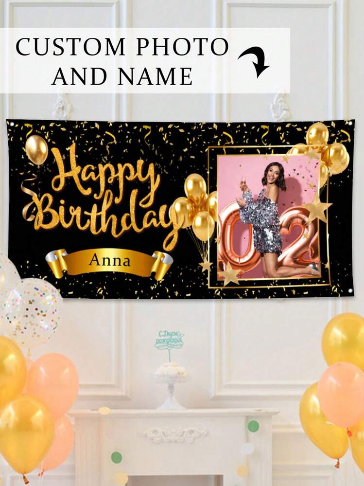 1pc Customized Multi-Size Photo Name Birthday Background Banner, Personalized Happy Birthday Photo Backdrop, Birthday Party Decor For Men And Women - Multicolor - View 9