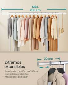 SONGMICS Burro Ropa con Ruedas, Perchero Burro Extensible con Carga Pesada, Capacidad de Carga de 110 kg, 45 x (160-200) x 162,9 cm, Fácil de Montar, Portátil, Negro Mate/Plata - Plateado - Ver 3