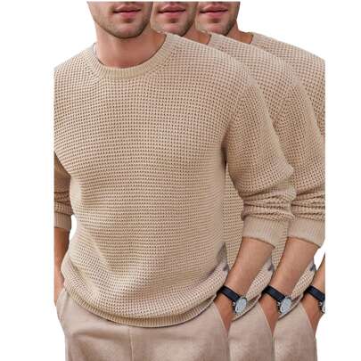 3 Pack Mens Crewneck Pullover Sweater Waffle Textured Long Sleeve Knitted Sweaters